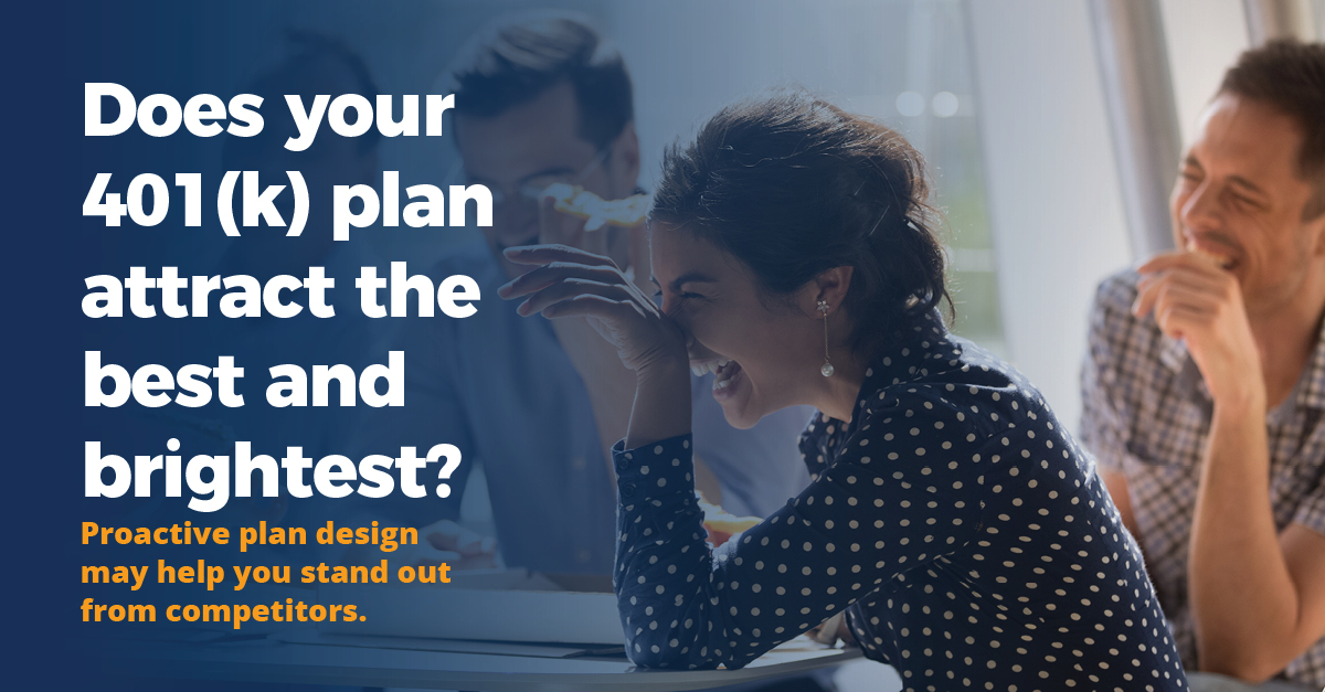 Happy employees meeting in break room with text: attract and retain top talent